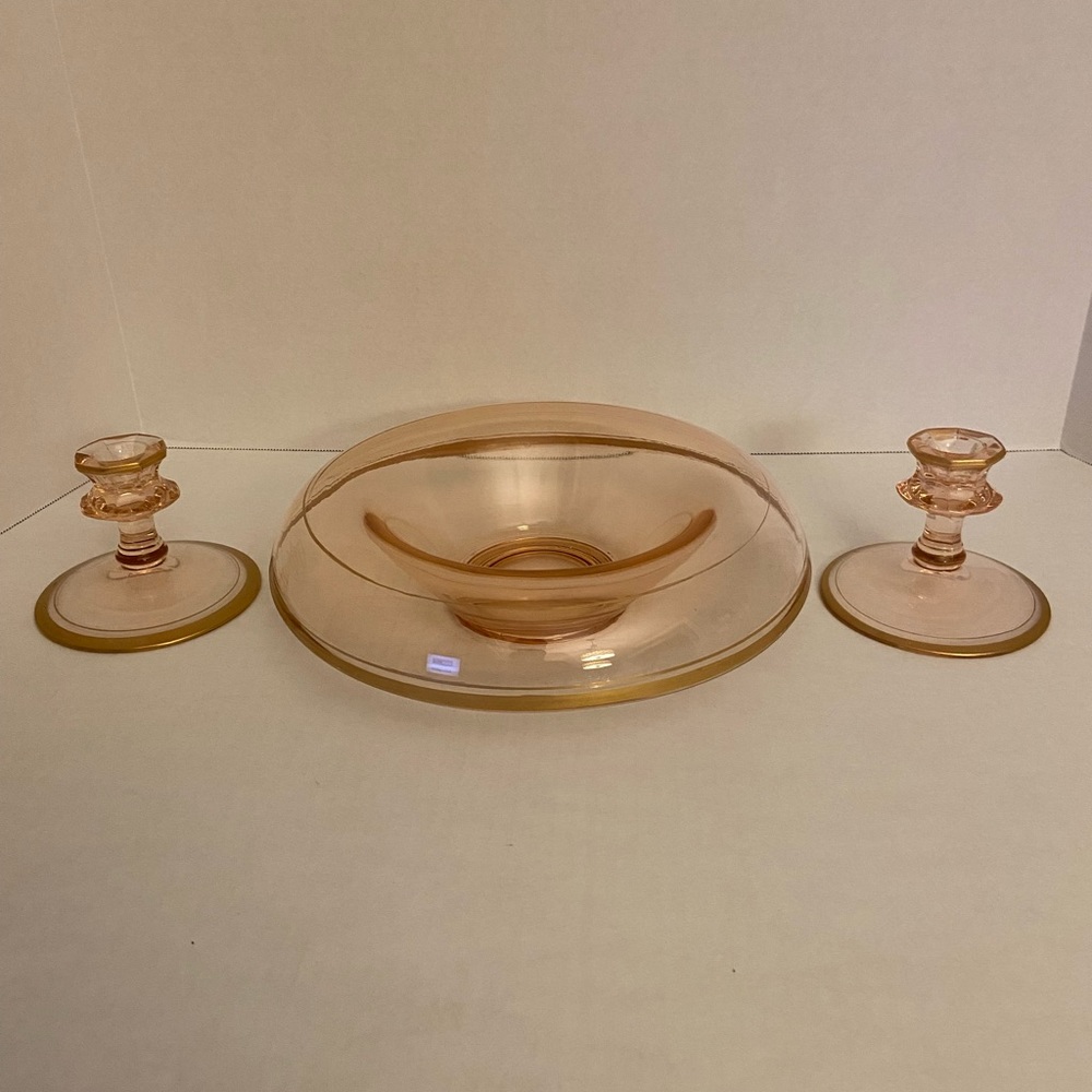 Vintage Pink Depression Glass Console Bowl/2 Candle Holders
